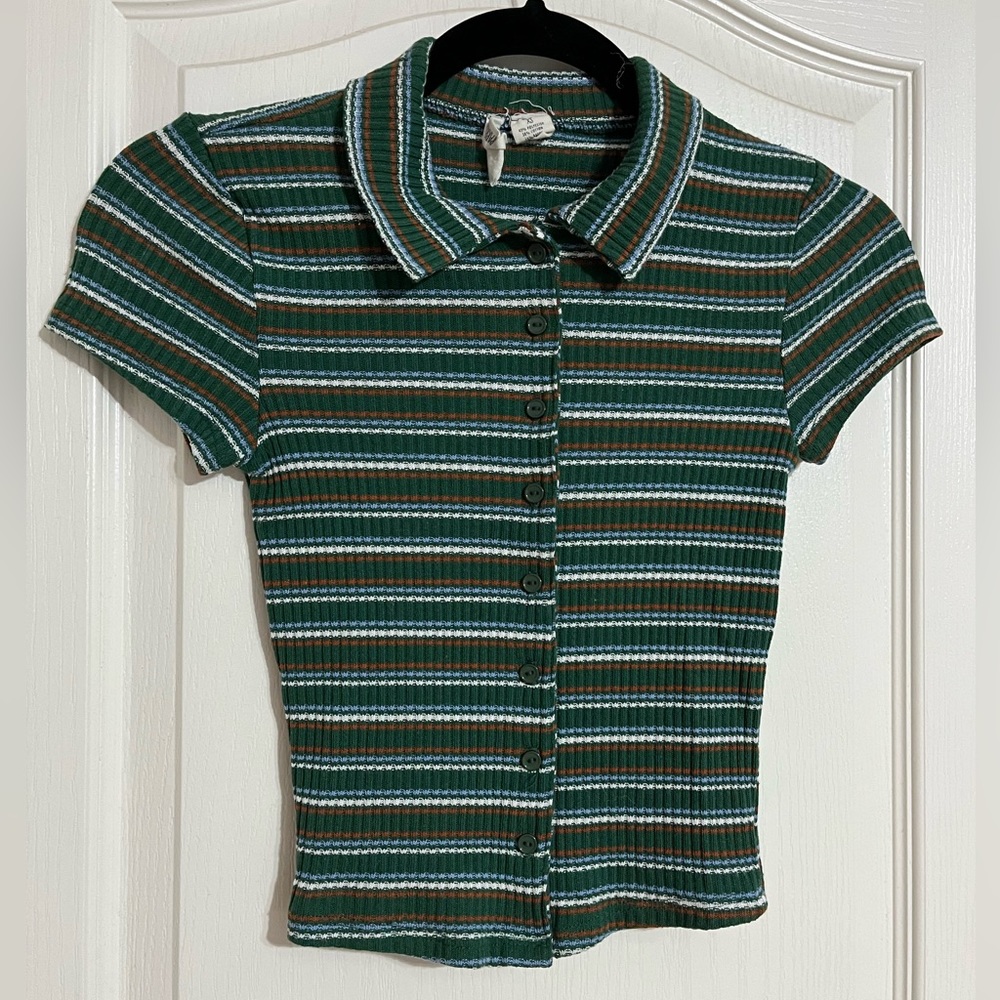 Green, Blue, White, Orange Stripped Button Up Crop Top with Collar